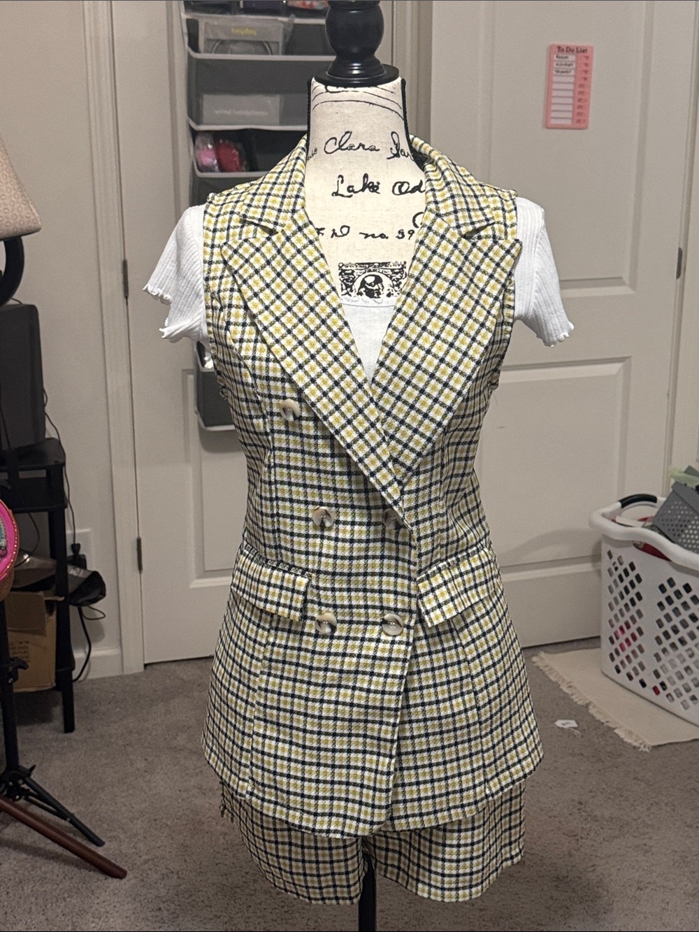 New 2 piece Double-Breasted Sleeveless Plaid Blazer Vest & shorts- Yellow/Black - Picture 1 of 1